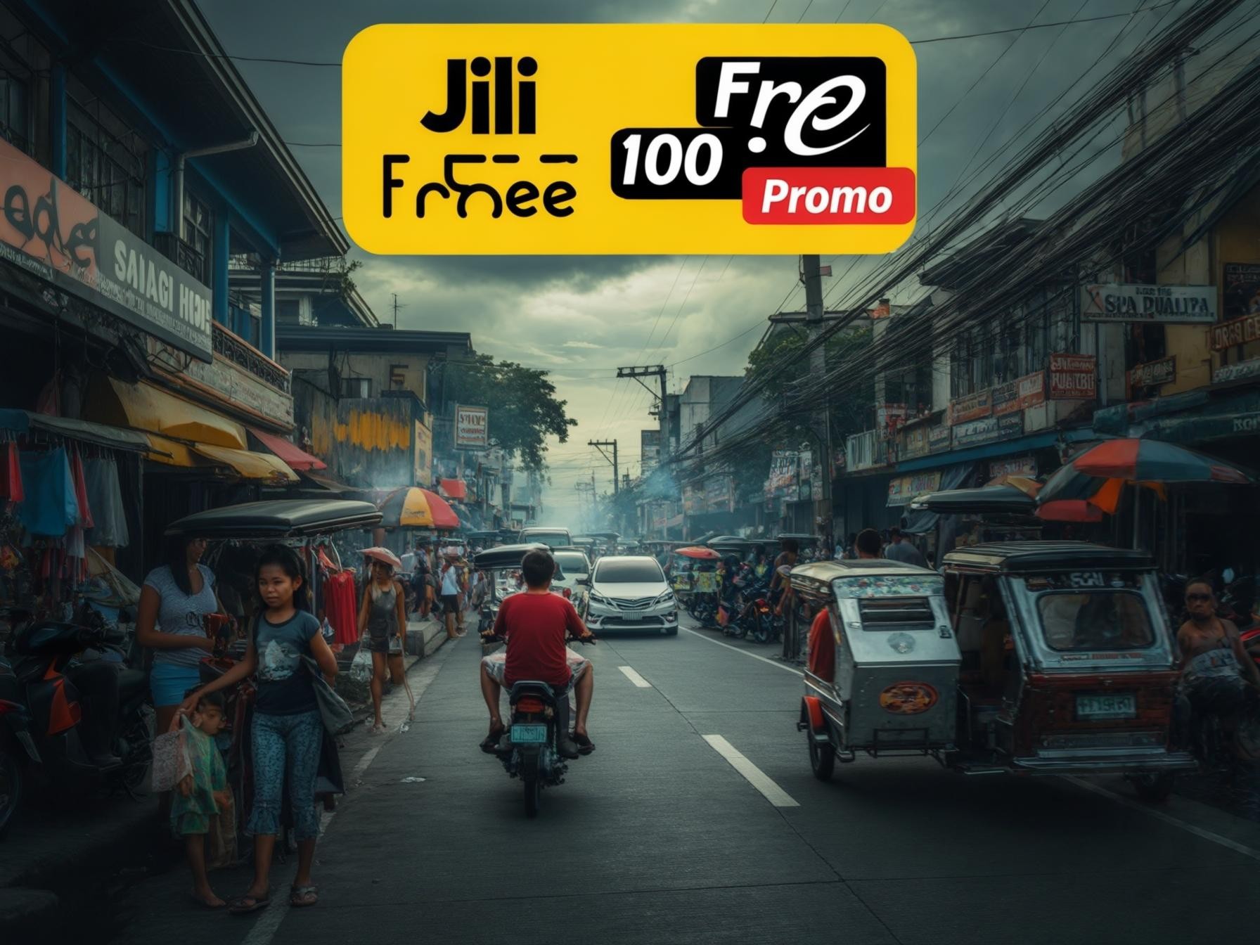 Busy street scene with motorbikes, tricycles, and pedestrians under overcast sky; vibrant urban life atmosphere with promotional banner.