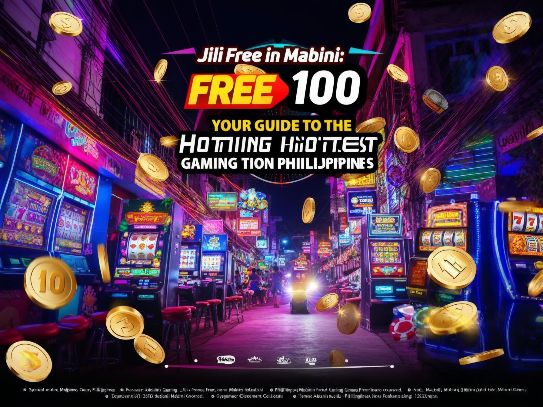 Vibrant casino alley at night with slot machines and floating coins advertising a gaming destination in the Philippines.