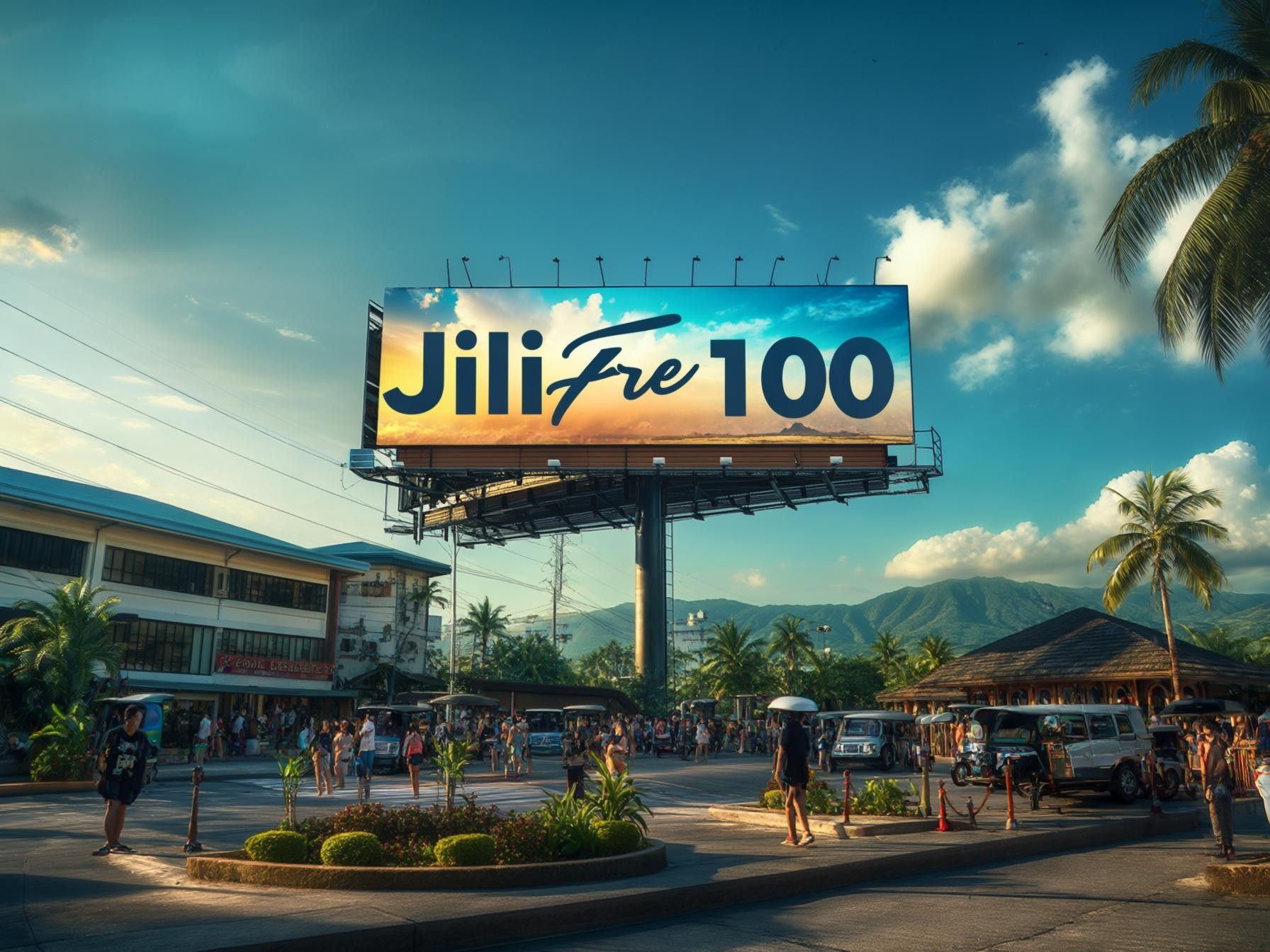 Outdoor billboard in tropical urban area with people, palm trees, and mountains, featuring "Jili Free 100" advertisement.