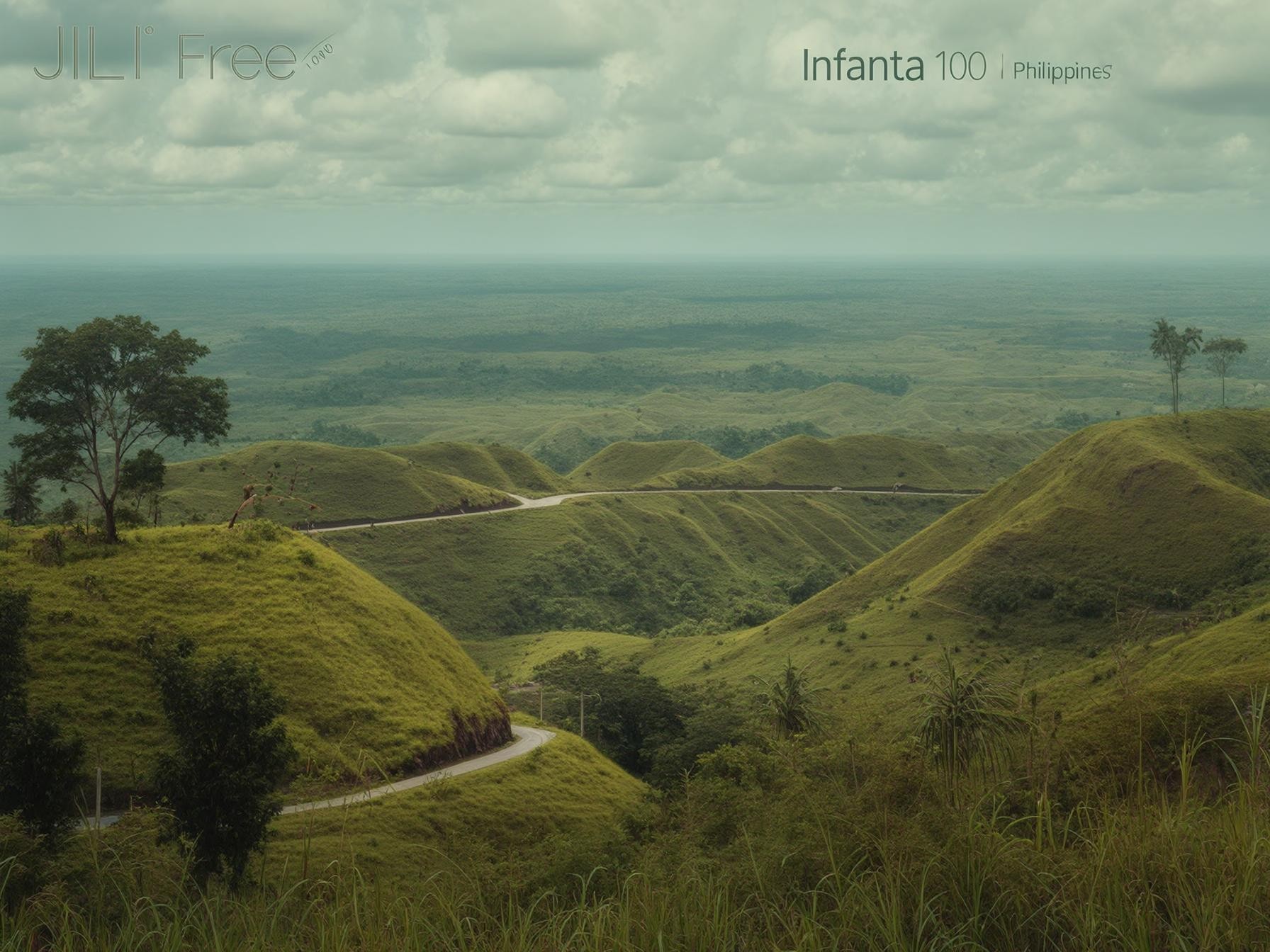 Scenic view of green rolling hills in Infanta, Philippines, with a winding road and lush vegetation under a cloudy sky.