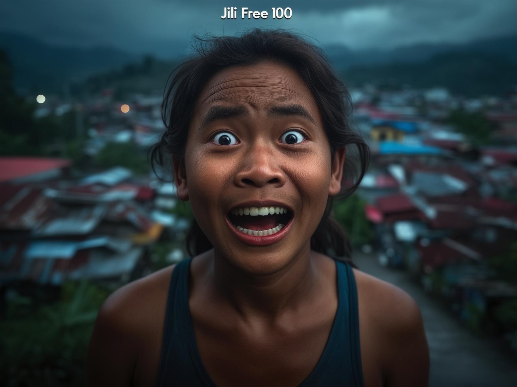 A person with shoulder-length hair stands in front of a scenic view, with rooftops and mountains under a cloudy sky.