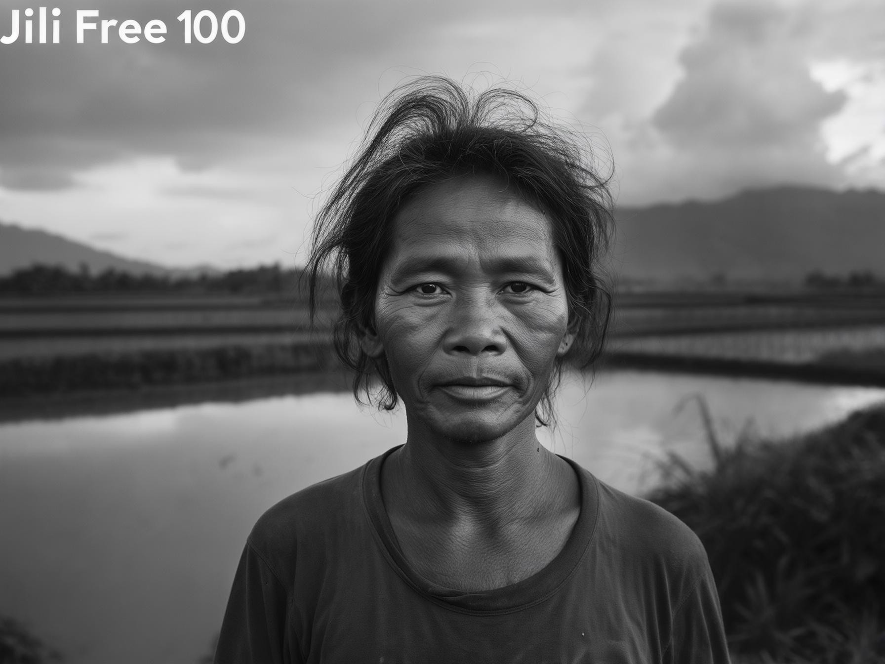 Black and white landscape with cloudy sky and rice fields, featuring a person with disheveled hair in a rural setting.